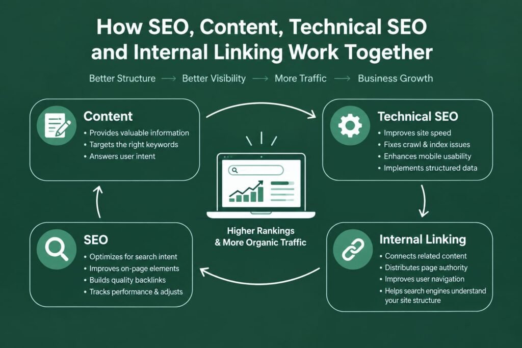 How SEO, content, technical SEO, and internal linking work together for higher rankings and organic traffic