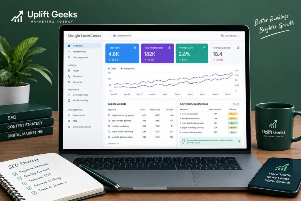 SEO analytics dashboard showing keyword research, Google Search Console data, and SEO strategy for Uplift Geeks